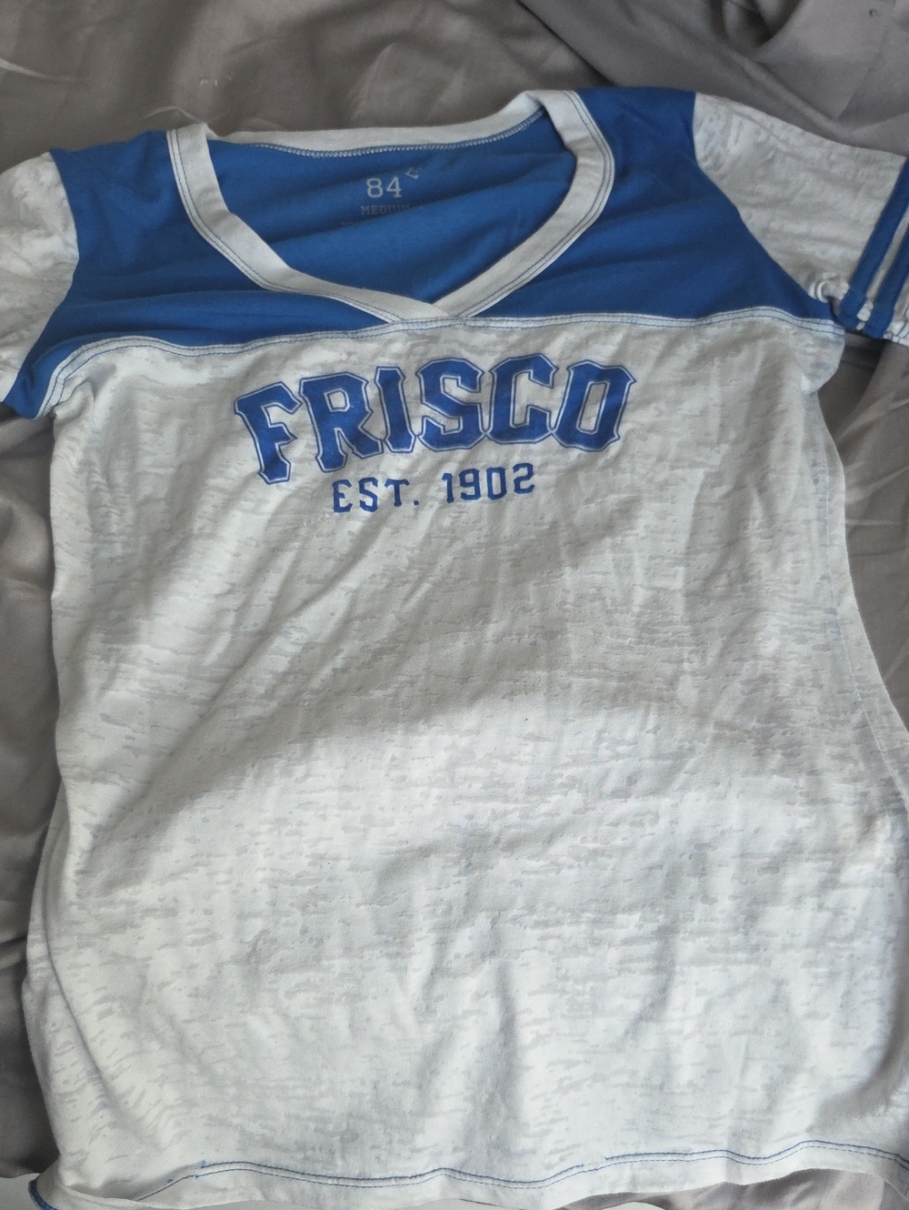 Blue 84 White and Royal Blue Ringer V-Neck Tee- Distressed Look